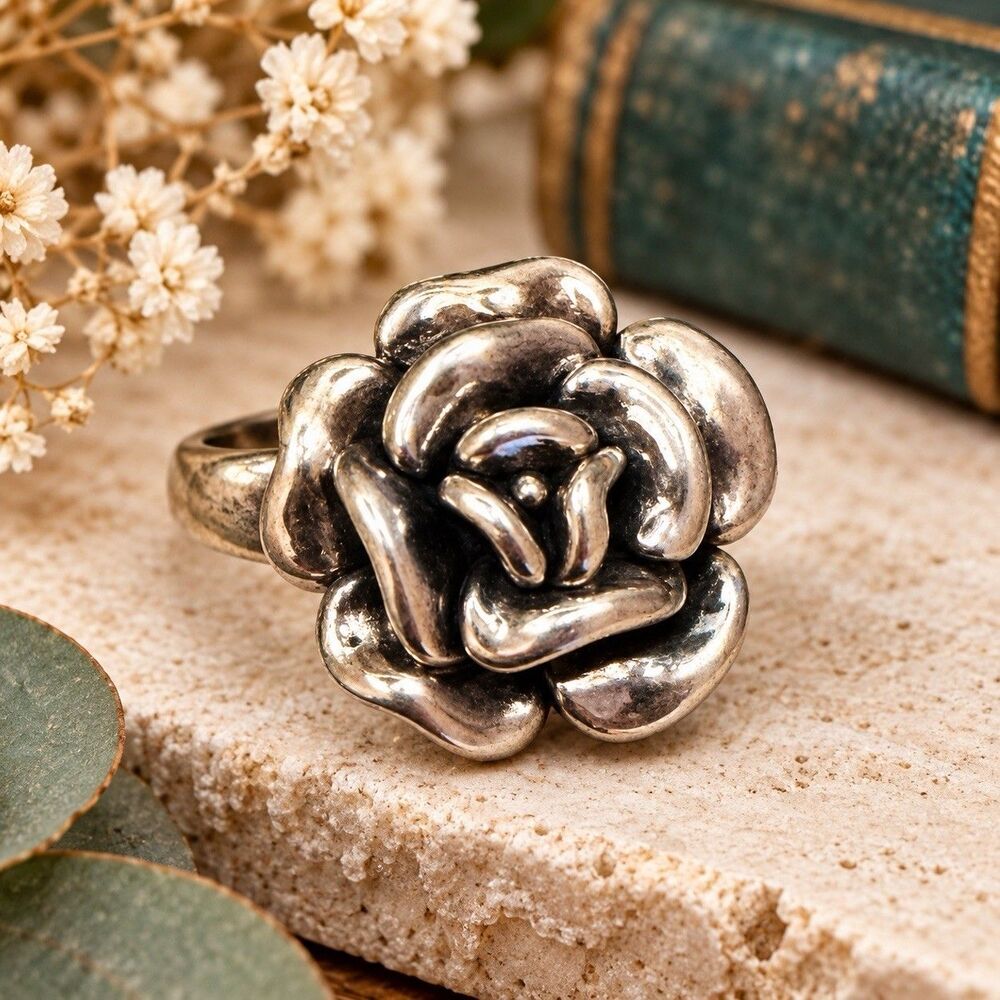 Vintage Sterling Silver Rose Ring Size 7 Chunky Floral Statement Flower Ring